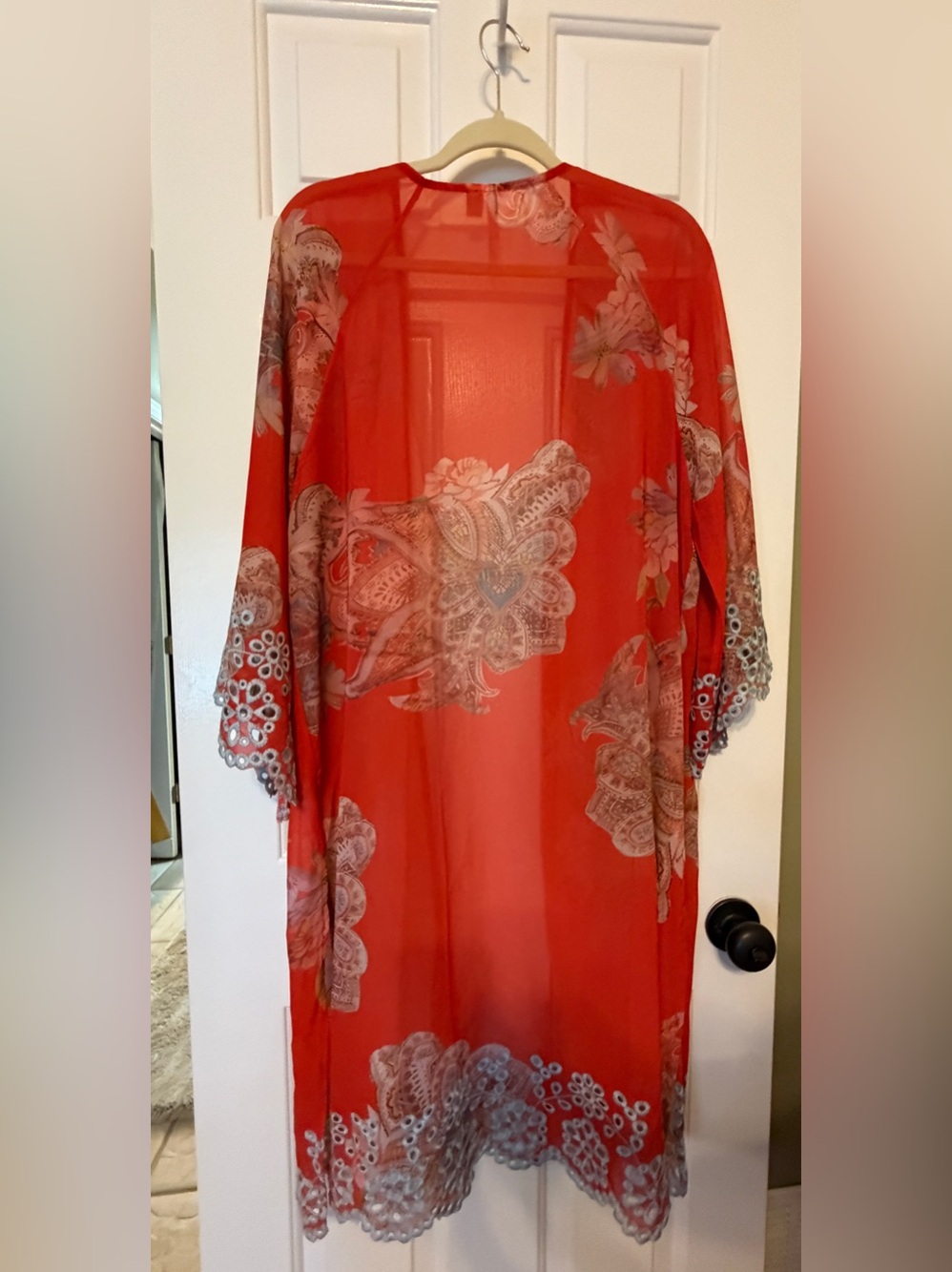 Cato Large Sheer Rusty Red Floral Paisley Kimono Jacket with Blue Accents - Picture 7 of 16